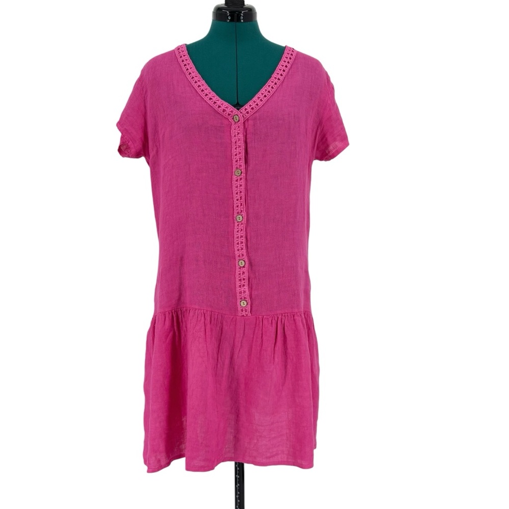Bellambria Hot Pink Linen Made in Italy Drop Waist V-Neck Dress, Medium